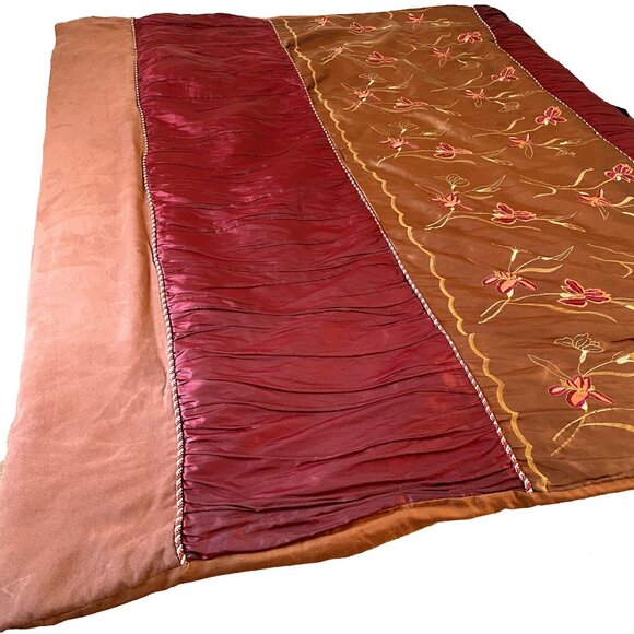 Rare Vintage Queen Wine Burgundy Gold Braid Lily Brown Silk Microsuede Coverlet - Picture 3 of 16